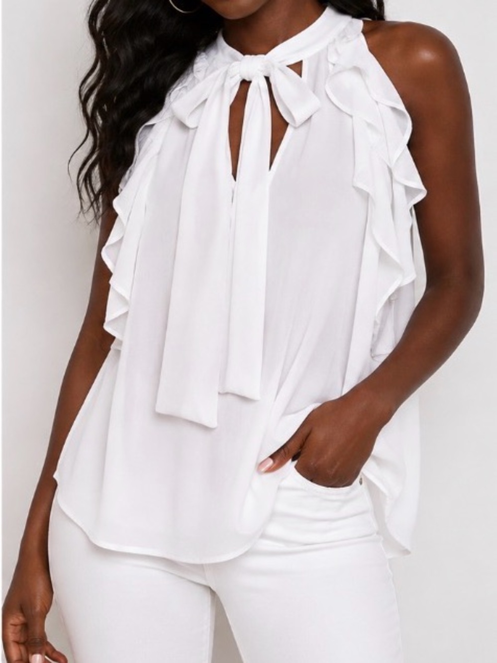 New York & Company White Ruffle Tie-Neck Sleeveless Camisole